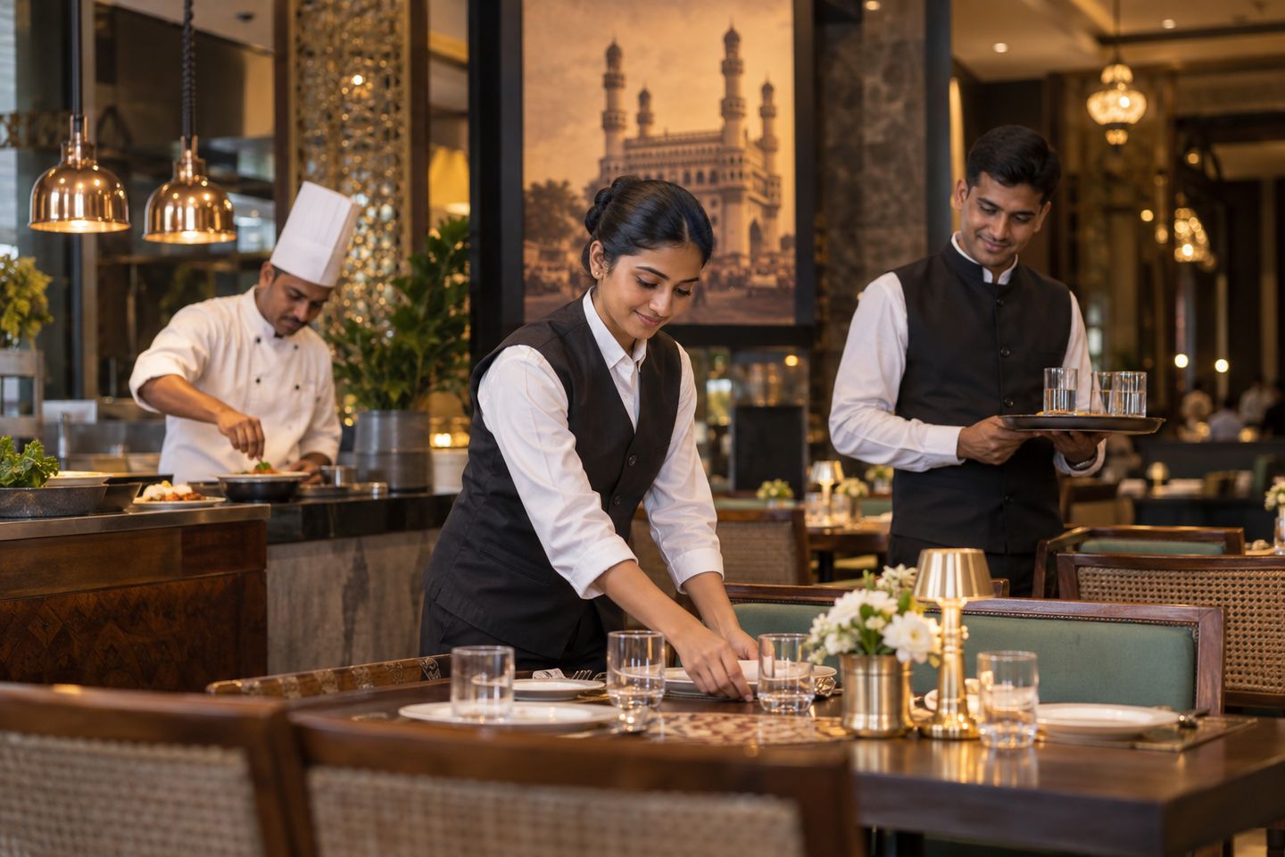 Illustrative restaurant team preparing for service.