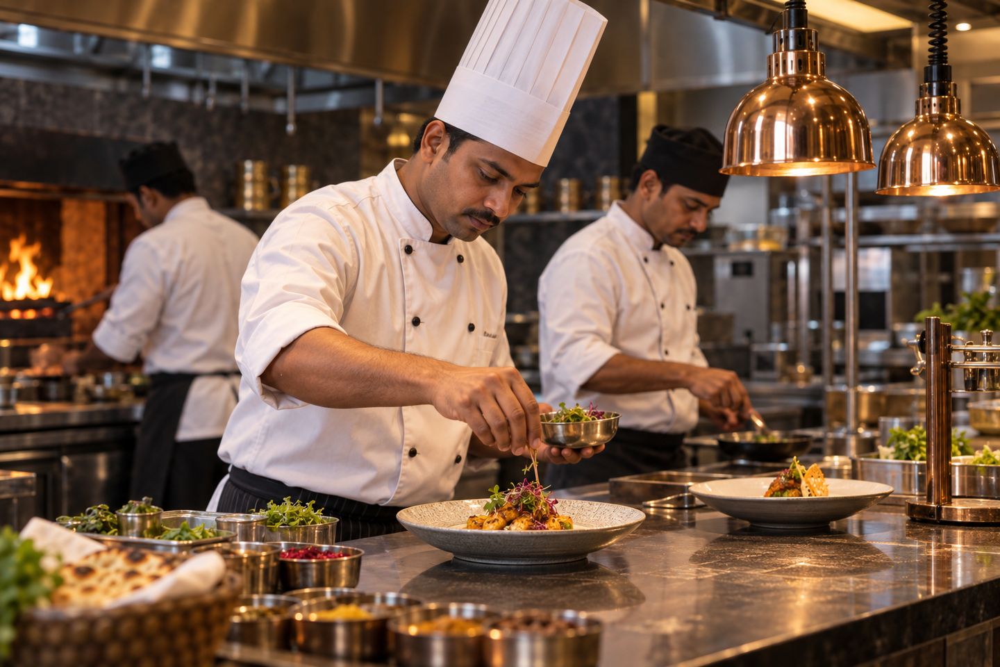 Illustrative kitchen team preparing food in a restaurant.
