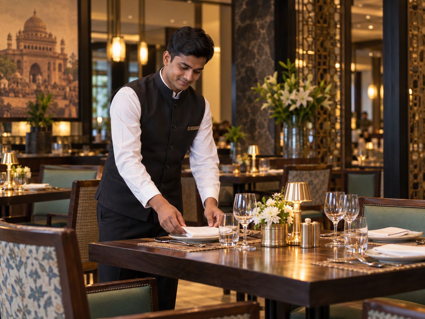 Illustrative restaurant service professional setting a table.